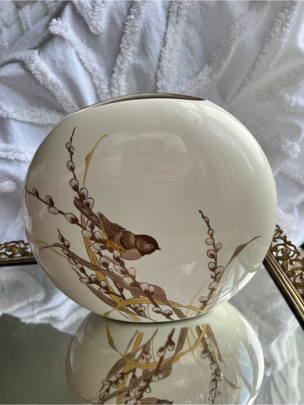 Otagiri Cream Ceramic Vase with Brown and Yellow Bird Motif